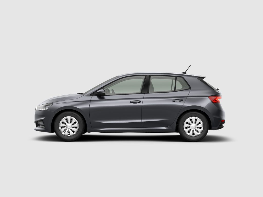 Partial side view of a gray car cropped at the edges, showing doors, windows, and wheels against a light background.
