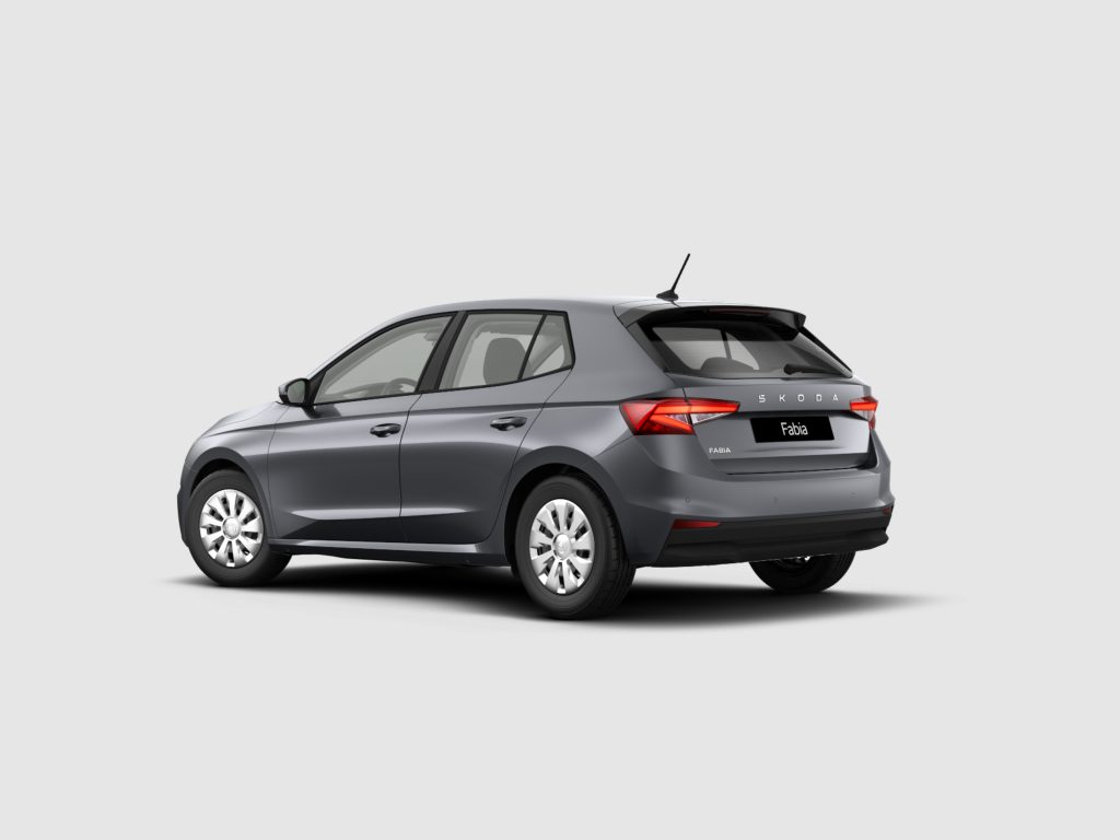 Rear three-quarter view of a grey Skoda Fabia hatchback, showing the rear window, taillights, and 'Fabia' badge.