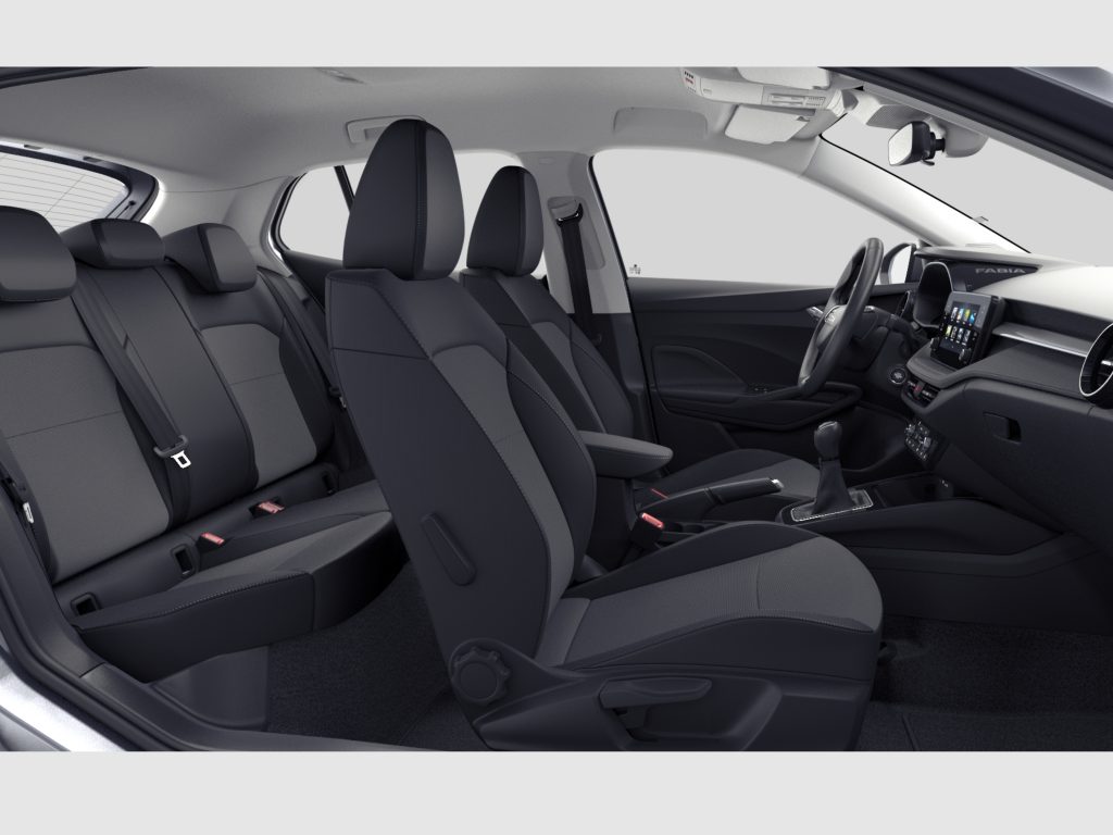 Interior of a compact car showing dark fabric seats, front row with a center console and steering wheel, and a touchscreen dashboard