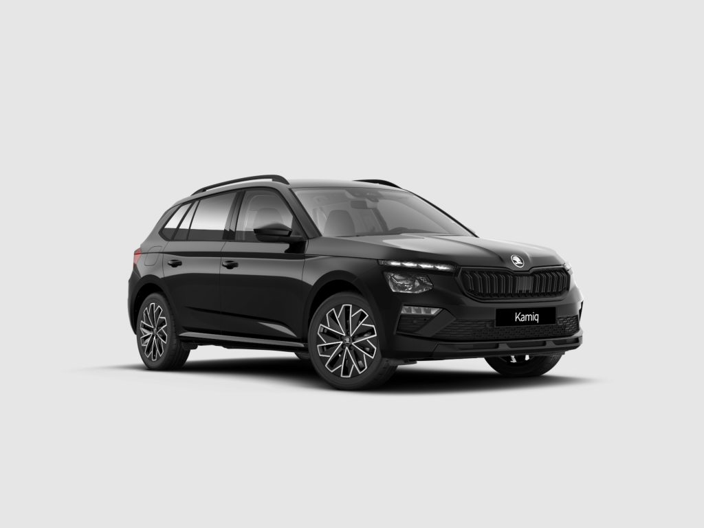 Front three-quarter view of a black Skoda Kamiq SUV against a light gray background.
