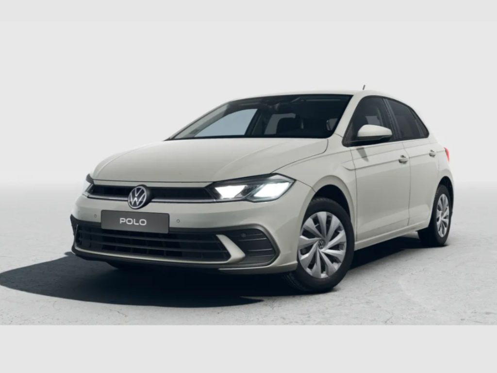 White Volkswagen Polo viewed from the front-left in a studio setting with visible logo plate reading POLO (front area).