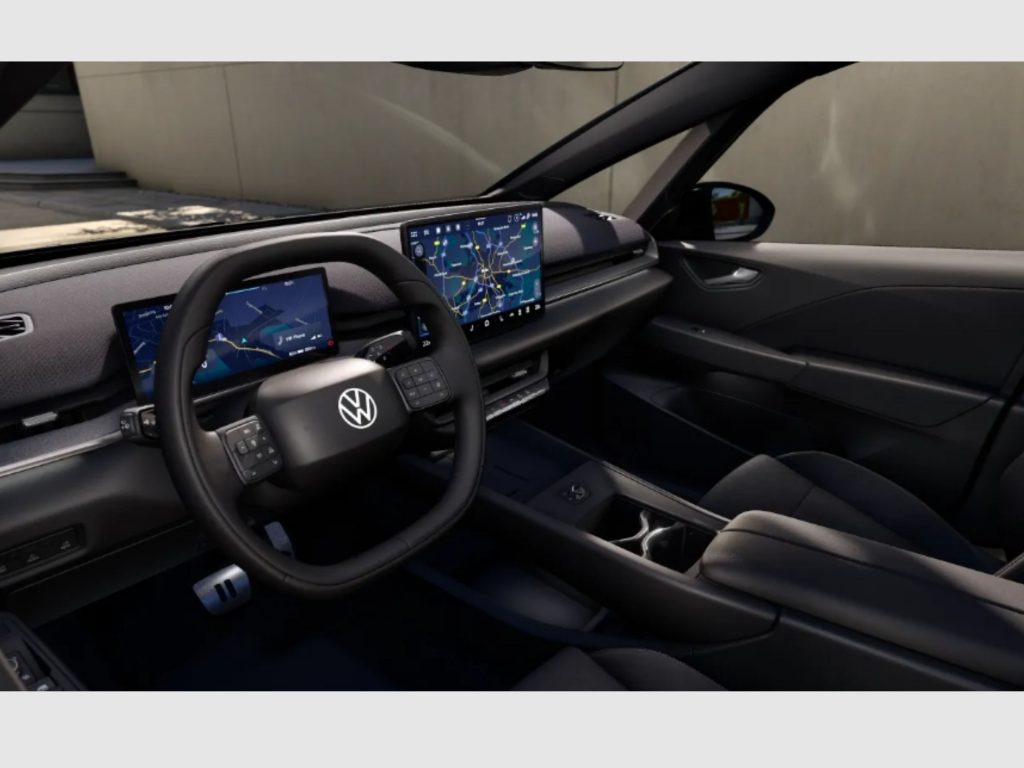 Car interior cockpit with steering wheel and large central touchscreen showing a navigation map and routes.