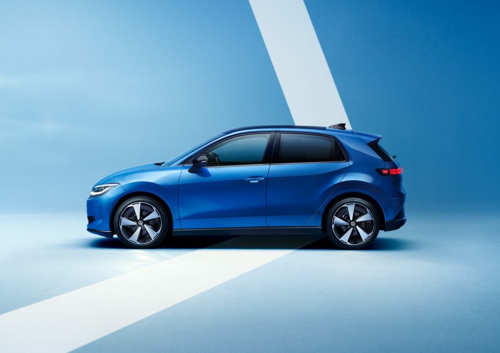 Blue compact SUV shown from the side against a blue gradient backdrop with a bold white diagonal stripe across the scene.