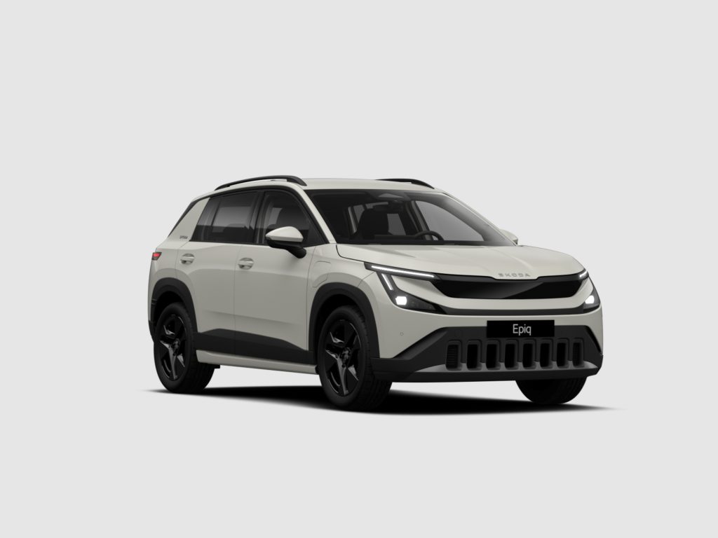 Front-right three-quarter view of a white Skoda Epiq SUV with black grille, LED headlights, and roof rails, set against a light gray background?