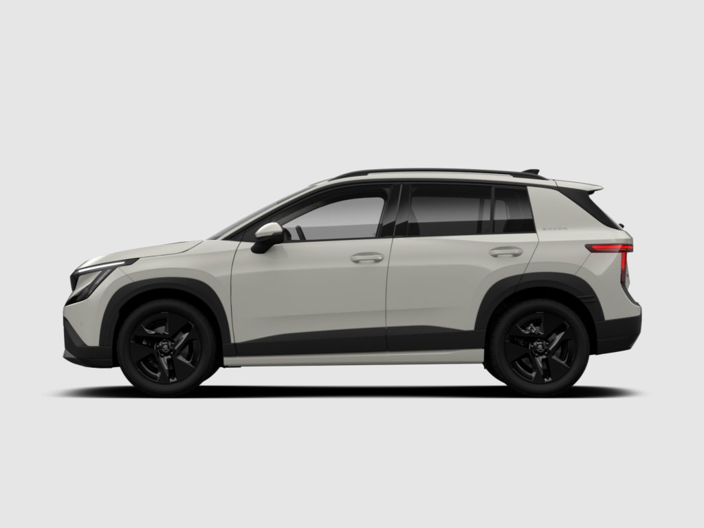 Side view of a white Skoda SUV with black wheels and roof rails, shown against a light gray background.