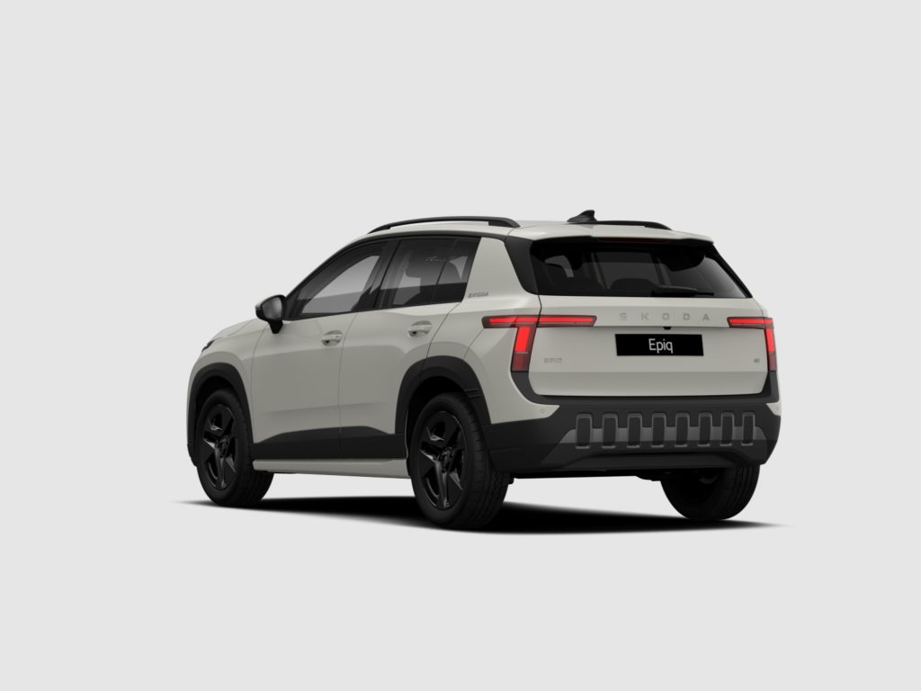 Rear three-quarter view of a white Skoda Epiq SUV with roof rails against a light background.