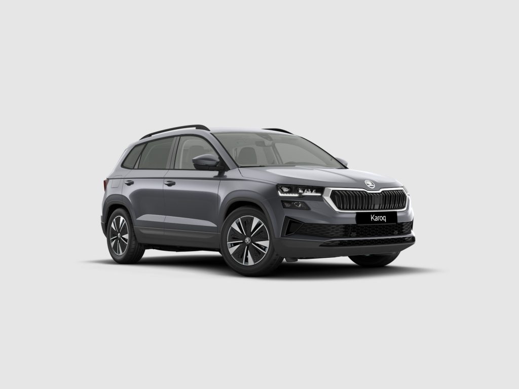 Front-left three-quarter view of a gray Skoda Karoq SUV with black grille, LED headlights and roof rails against a light background.
