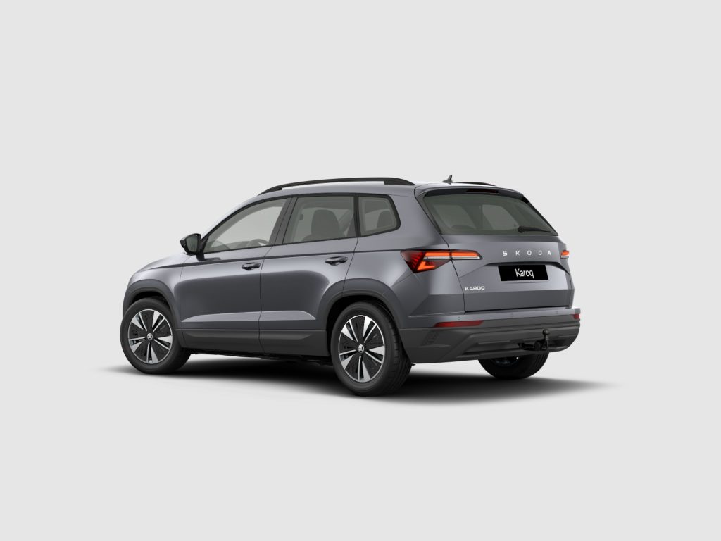 Rear three-quarter view of a gray Skoda Karoq SUV against a light background, showing taillights and roof rails, logo reads Karoq
