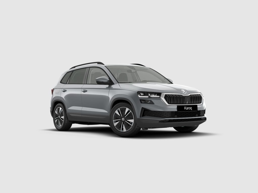 Front-right 3/4 view of a silver Skoda Karoq SUV with roof rails against a pale background.