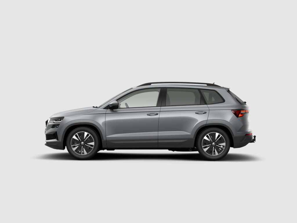 Side profile of a silver-gray SUV against a light background, showing the doors, windows, and roof rails.