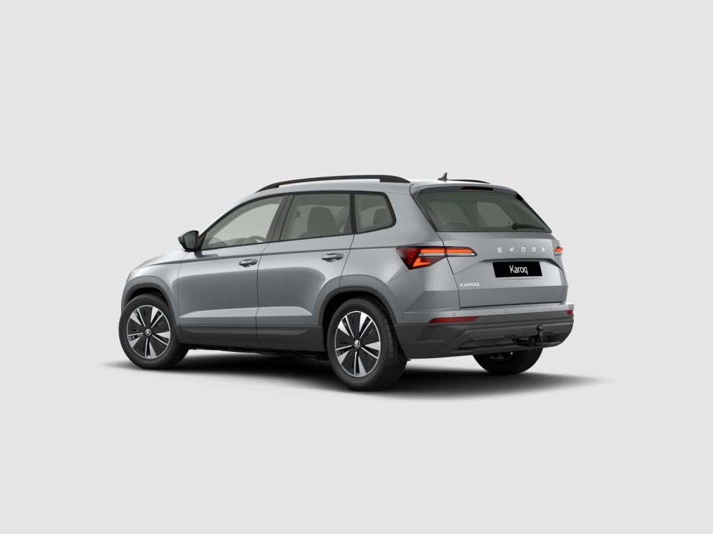 Silver Skoda Karoq SUV shown from the rear-left side against a light gray backdrop.