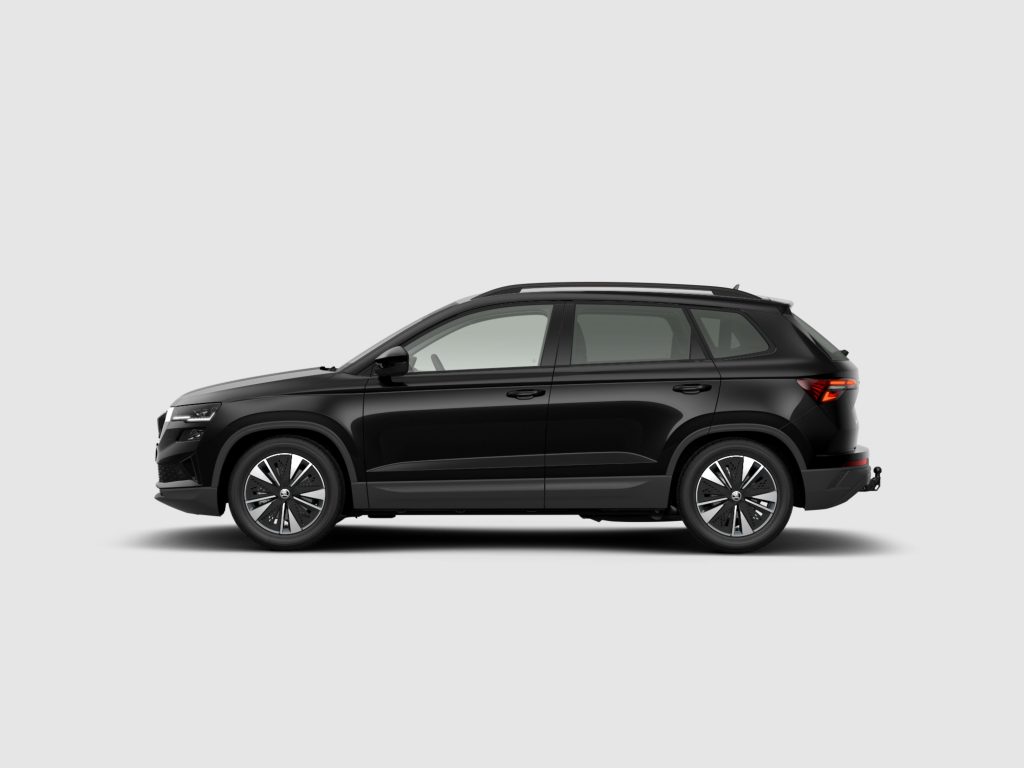 Side profile of a black SUV with roof rails against a light gray background
