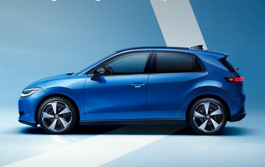 Blue VW hatchback shown in a studio setting with the white German slogan 'Ausgewogene Proportionen.' across the top and long disclaimer text at the bottom.