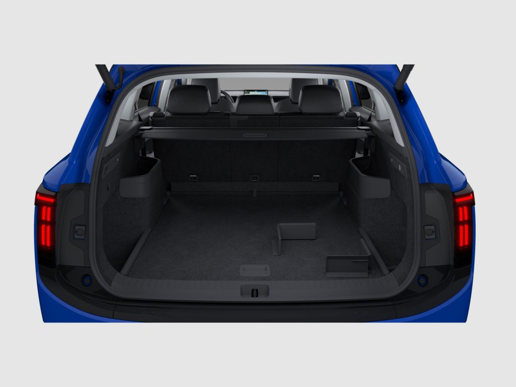 Blue SUV with rear hatch open, showing a roomy cargo area and upright third-row seats behind the driver’s area.