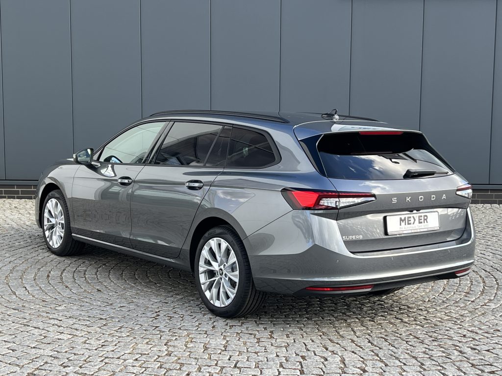 Silver Skoda SUV parked on a cobblestone driveway in front of a gray wall, showing the rear and side profile.