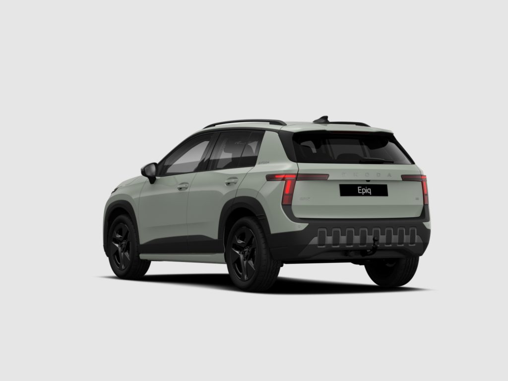 Rear three-quarter view of a light-green Skoda SUV with 'Epiq' on the badge and visible taillights