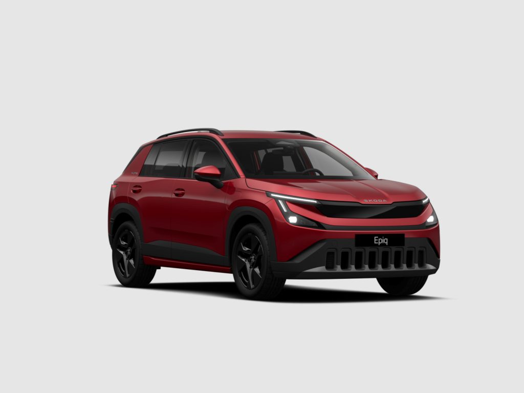 Front-quarter view of a red SUV with black grille, LED headlights, and roof rails visible against a light background (model name 'Epiq' on the plate).