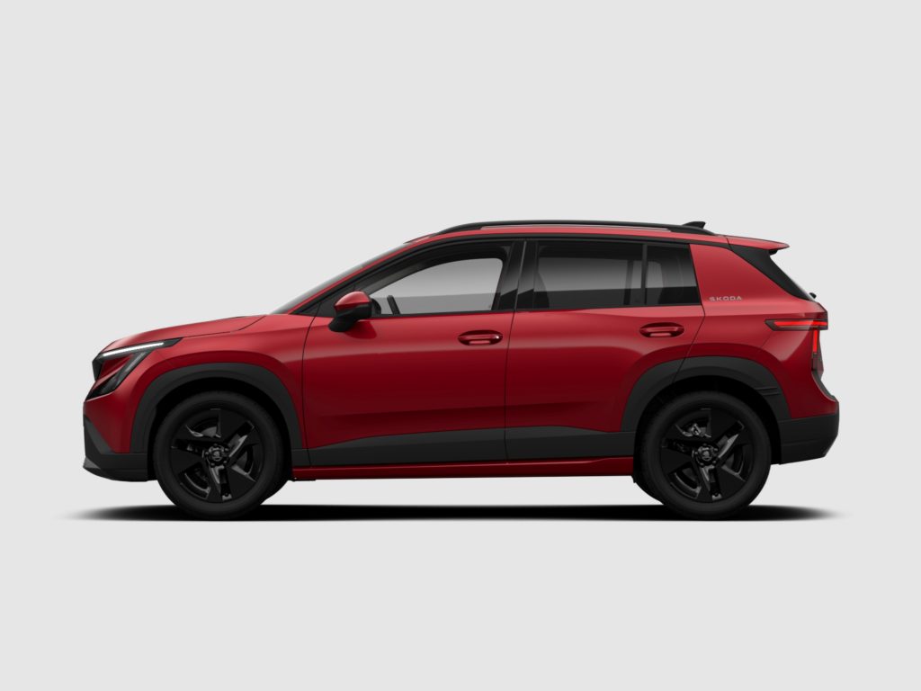 Red Skoda SUV shown in a side profile with black wheels and roof rails against a light background.