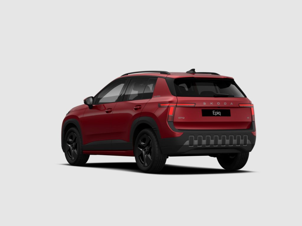 Rear-left view of a red Skoda SUV showing the tail lights and 'Epiq' badge on a light background.