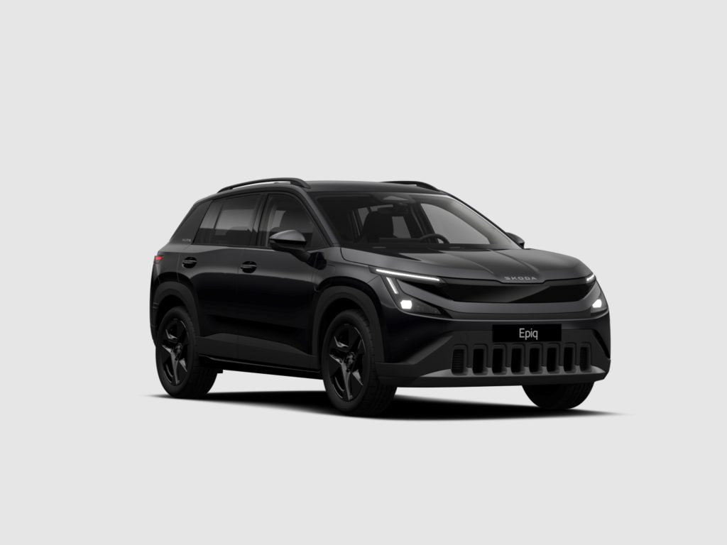 Front-right view of a black Skoda SUV with roof rails, visible headlights, and a gray background (model name Epiq on plate).