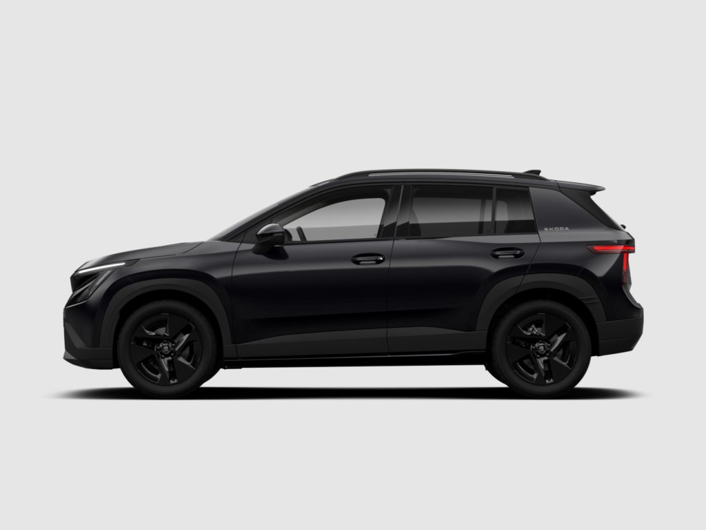 Side view of a black Škoda SUV with roof rails, showing the front portion and rear quarter against a light background
