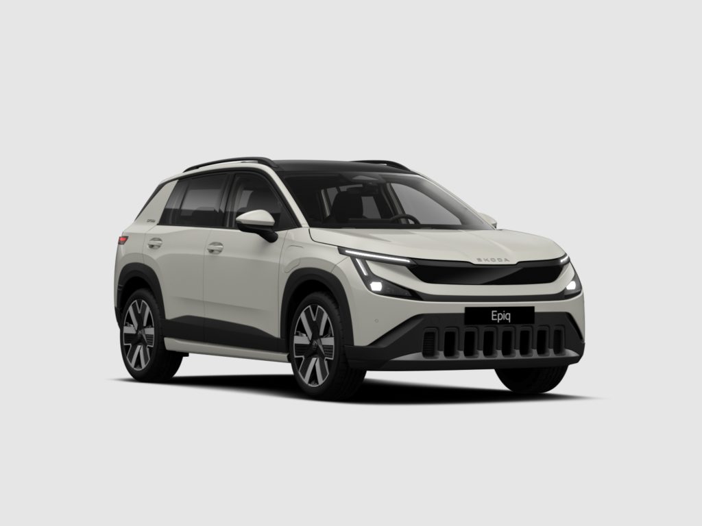 White Skoda SUV shown from the front-right, featuring roof rails and distinctive LED headlights (cropped view).