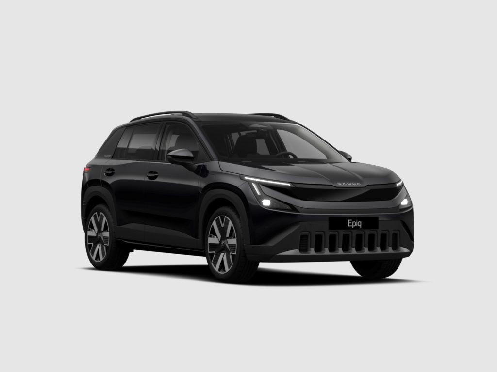 Front-right view of a dark SUV with bold grille and slim LED headlights; 'Epiq' badge visible on the front plate area.