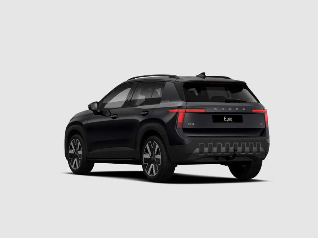 Rear three-quarter view of a black Skoda SUV, showing tail lights and rear hatch (Epiq badge)