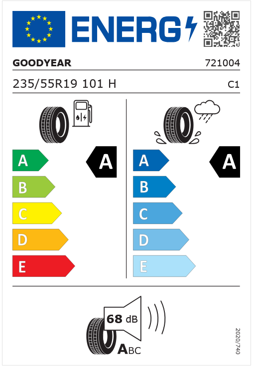 Goodyear European tire label: tire size 235/55R19 101H C1 with a QR code, showing fuel efficiency scale A–E on the left, wet grip scale A–E on the right, and a bottom noise rating of 68 dB.