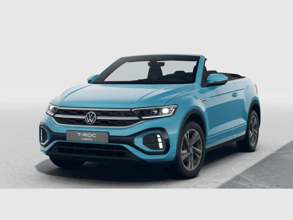 Blue Volkswagen T-Roc Cabrio shown from front-left in a bright studio setting, convertible top down.