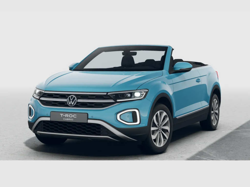 Front three-quarter view of a blue Volkswagen T-Roc Cabrio with the roof down against a light background