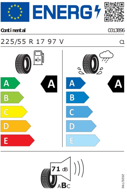 EU tire label showing energy efficiency ratings A–E on colored arrows with tire icon, plus a 71 dB noise symbol and QR code at top