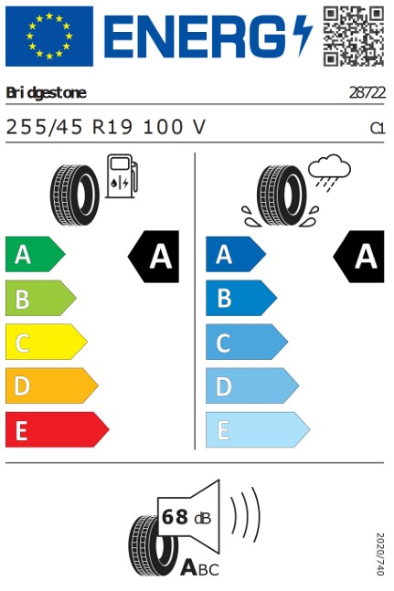 European energy label for tires: left column shows energy efficiency ratings A–E with colored arrows; right column shows wet grip ratings A–E with blue arrows, a tire graphic above and a rain/cloud icon; bottom displays noise level 68 dB with a tire and speaker graphic.