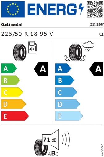 EU tire energy label showing rolling resistance A–E on the left (green to red) and wet grip A–E on the right (blue shades), plus a 71 dB external noise rating