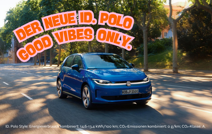 Blue VW ID. Polo hatchback driving on a sunny tree-lined street with bold pink curved text 'DER NEUE ID. POLO GOOD VIBES ONLY' across the top, conveying a playful ad.
